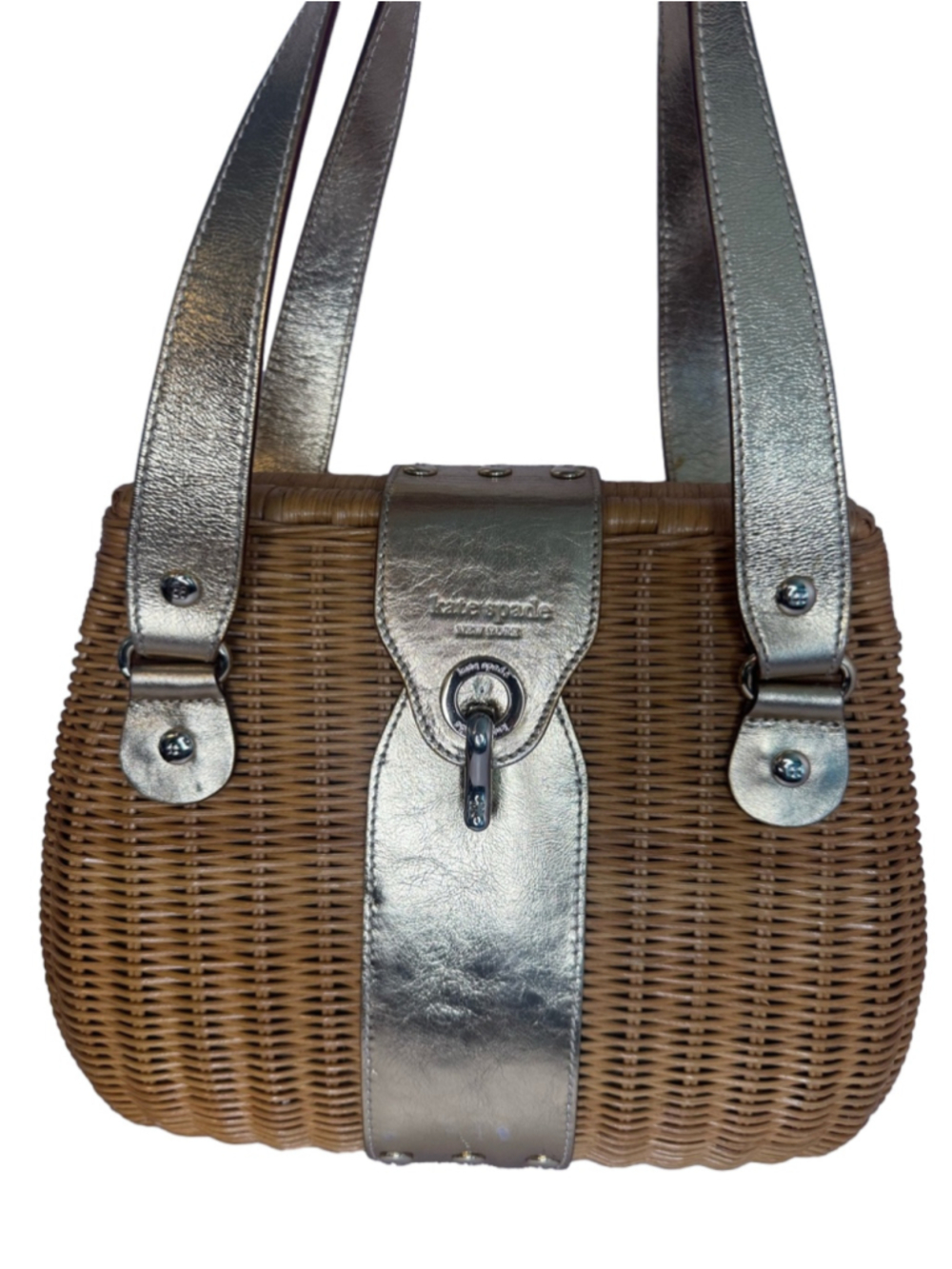 #355 Kate Spade Vintage Tisbury Avita Basket Bag Wicker with Gold Leather Trim